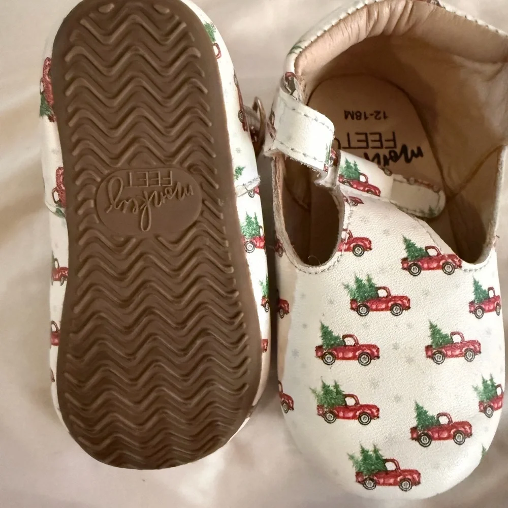 Monkey Feet White Mary Janes with Red Truck Print